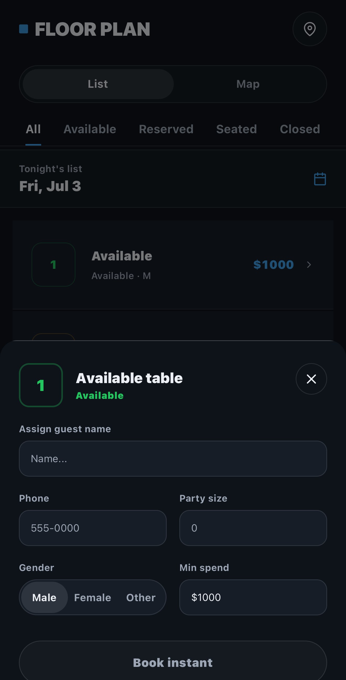 NightX floor plan — booking an available table with guest name, party size, and minimum spend