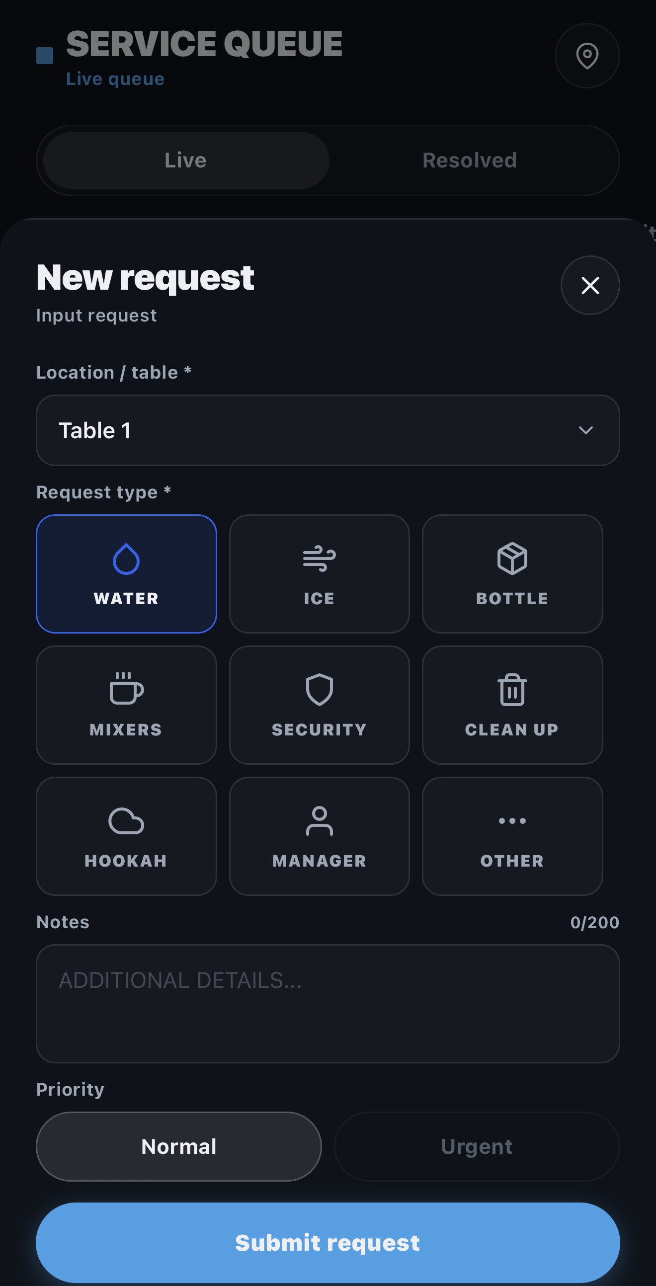 NightX service queue — creating a new request with request type and priority